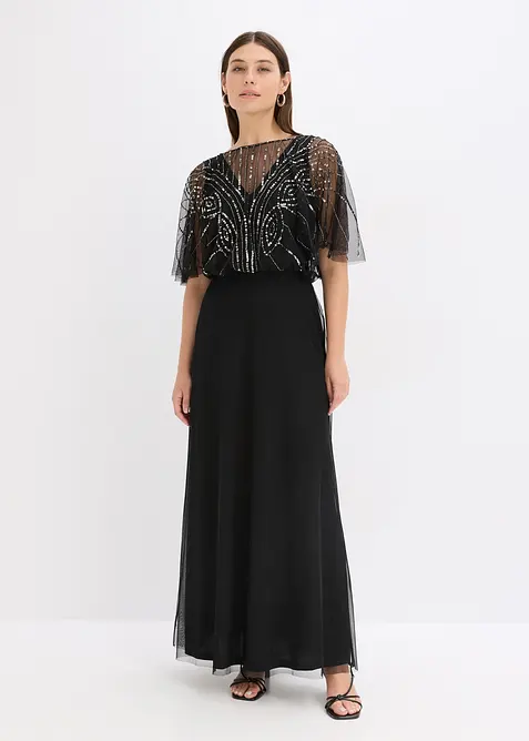 Robe longue en tulle fin avec sequins brodés, bonprix