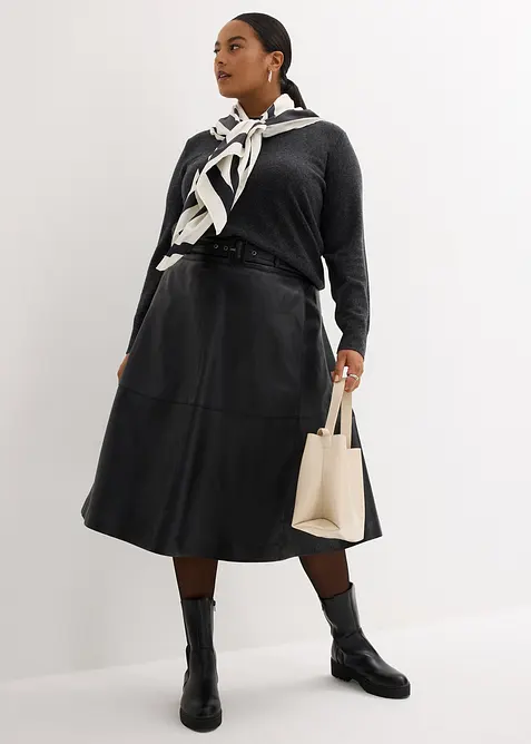 Jupe en cuir d&rsquo;agneau nappa avec ceinture (ens. 2 pces), bonprix