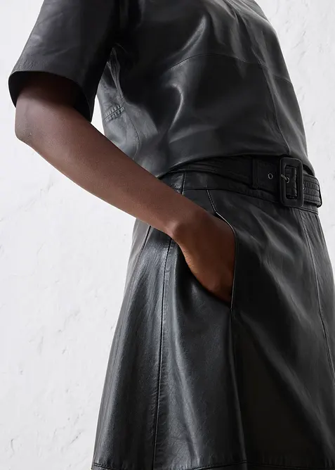 Jupe en cuir d’agneau nappa avec ceinture (ens. 2 pces), bonprix