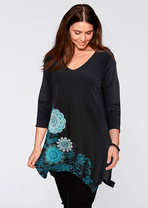 Zipfel-Longshirt mit V-Ausschnitt, 3/4-Arm, bonprix