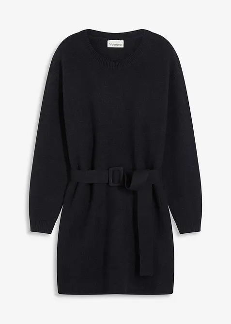 Kurzes Strickkleid mit softem Wollanteil und Gürtel, bonprix