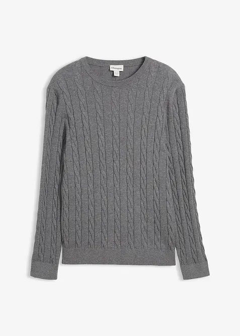 Feinstrickpullover mit Zopfmuster aus weichem Baumwollmix , Slim Fit, bonprix