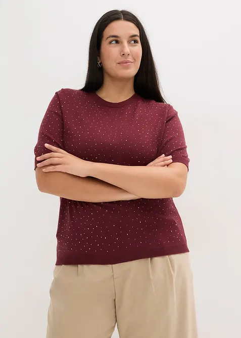 Pull manches coudes en fine maille avec strass, bonprix