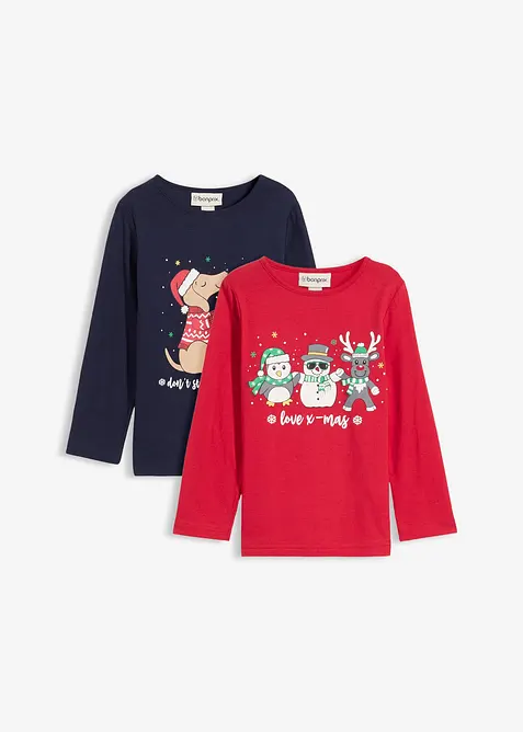 Lot de 2 T-shirts fille manches longues avec motif de Noël, bonprix