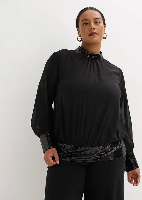 Blouse en tulle fin avec empi&egrave;cements &agrave; sequins, bonprix