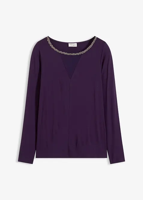 T-shirt manches longues avec empiècement mesh et strass, bonprix