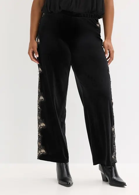 Marlenehose aus softem Samt mit Spitzeneinsatz, bonprix