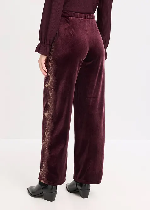 Pantalon large en velours doux avec empiècement dentelle, bonprix