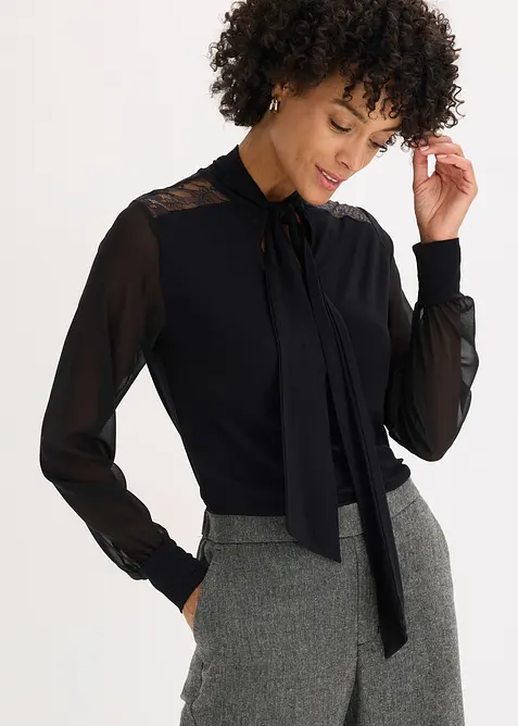 T-shirt manches longues avec dentelle et col lavallière, bonprix