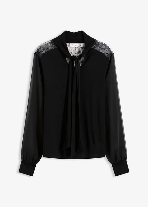 T-shirt manches longues avec dentelle et col lavallière, bonprix