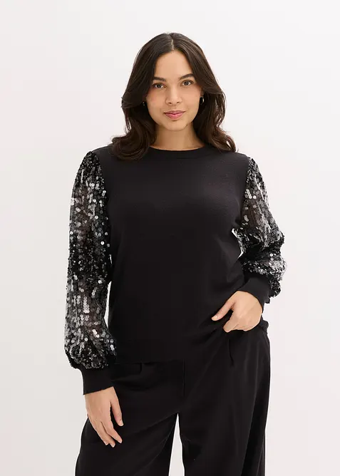 Pull en fine maille avec manches à sequins, bonprix
