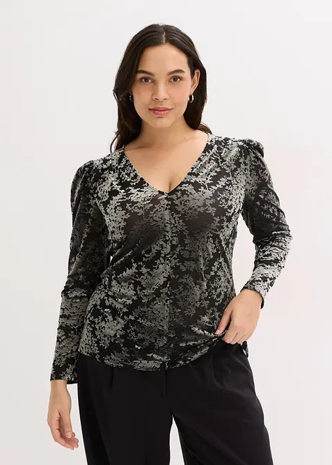 T-shirt manches longues en velours d&eacute;vor&eacute;, bonprix