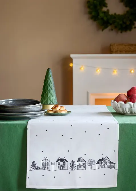 Chemin de table imprim&eacute; maisons, d&eacute;perlant, bonprix