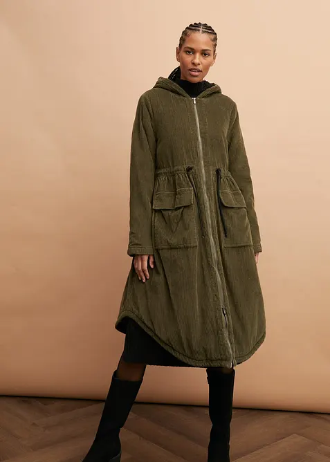 Cord-Mantel mit Teddy-Fleece Kapuze aus reiner Baumwolle, bonprix