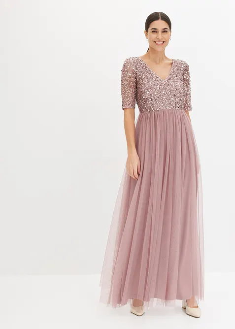 Robe de soir&eacute;e en tulle avec haut brod&eacute; de sequins, bonprix