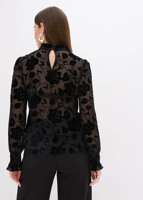 T-shirt manches longues l&eacute;g&egrave;rement transparent avec imprim&eacute; floqu&eacute;, bonprix