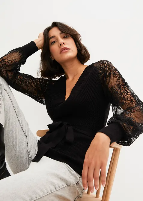 Feinstrickpullover mit Spitze, bonprix