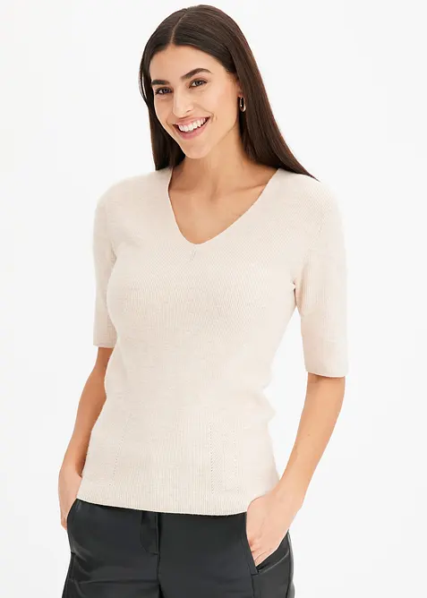 Kurzarm- Rippenpullover mit Viskose, bonprix