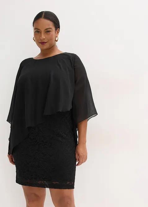 Robe courte en dentelle avec drap&eacute; en mousseline, bonprix