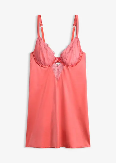 Babydoll aus gl&auml;nzendem Material und floraler Glitzerstickerei, bonprix