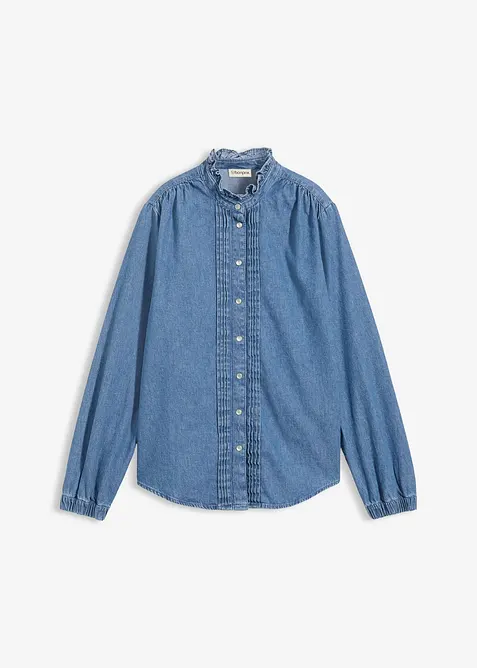 Blouse en jean &agrave; finitions volant&eacute;es, bonprix