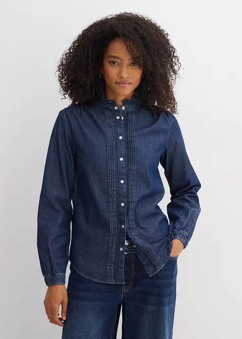 Jeansbluse aus Bio-Baumwolle, mit Volants, bonprix