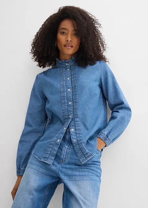 Blouse en jean &agrave; finitions volant&eacute;es, bonprix