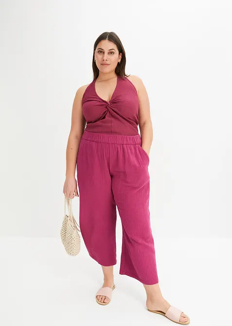 Pantalon large &agrave; pinces en gaze de coton, bonprix