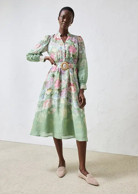 Midikleid aus Ramie (2 tlg.Set mit G&uuml;rtel), bonprix