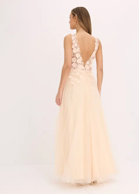 Robe longue en tulle fin avec fleurs appliqu&eacute;es, bonprix