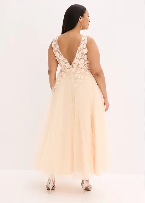 Robe longue en tulle fin avec fleurs appliqu&eacute;es, bonprix