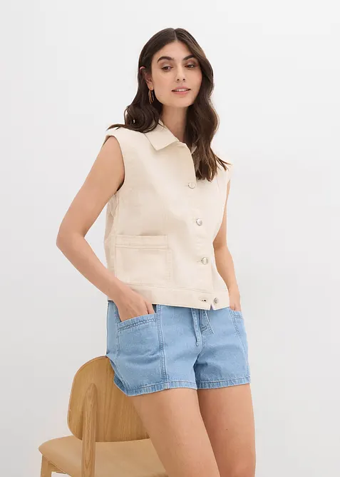Short en jean avec taille haute &eacute;lastiqu&eacute;e, bonprix