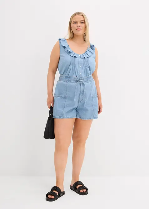 Short en jean avec taille haute &eacute;lastiqu&eacute;e, bonprix