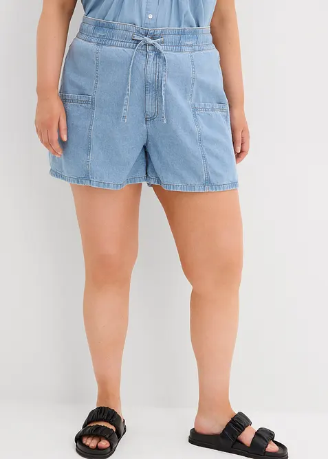 Short en jean avec taille haute &eacute;lastiqu&eacute;e, bonprix