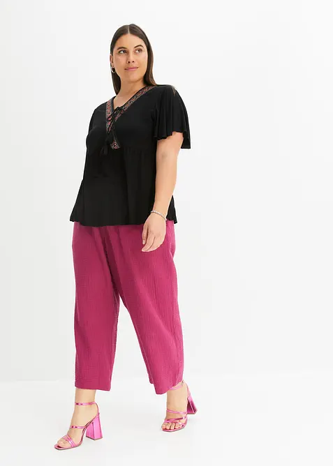 Pantalon large &agrave; pinces en gaze de coton, bonprix