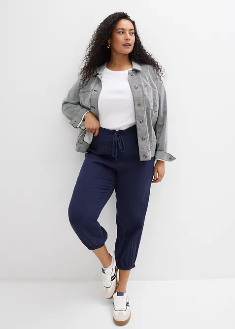Pantalon en gaze de coton avec ceinture smock&eacute;e, bonprix