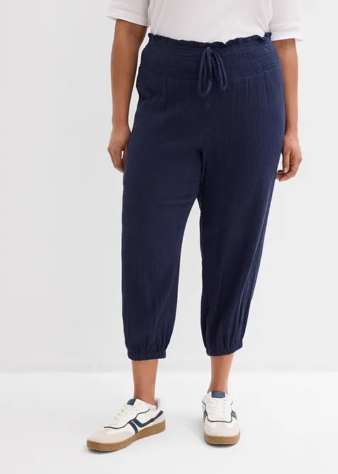 Pantalon en gaze de coton avec ceinture smock&eacute;e, bonprix