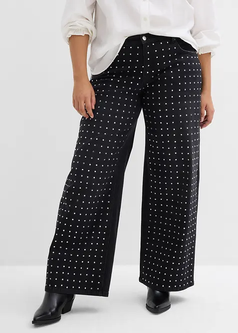 Jean large taille mi-haute avec application de strass, bonprix