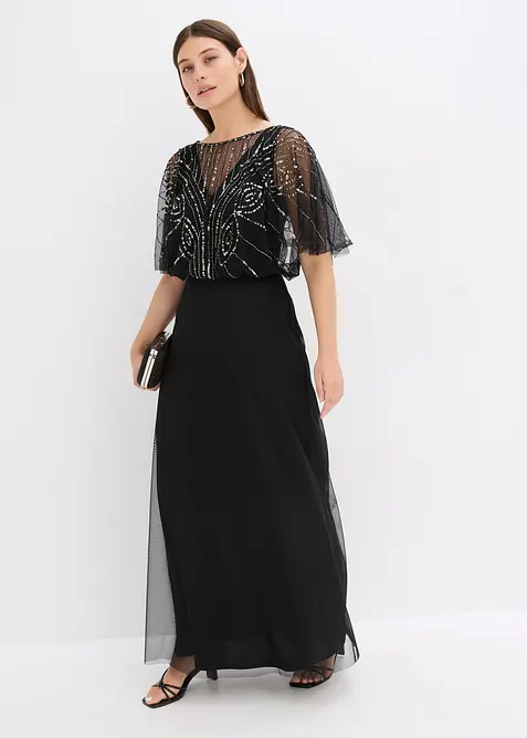 Robe longue en tulle fin avec sequins brod&eacute;s, bonprix