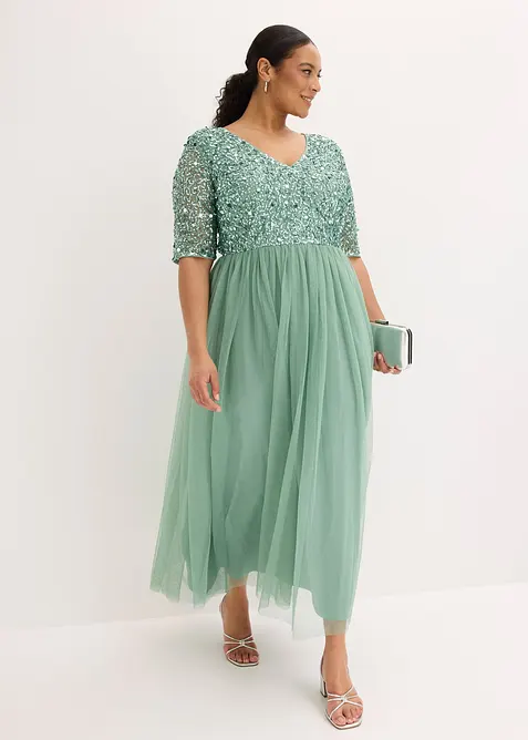 Robe de soir&eacute;e en tulle avec haut brod&eacute; de sequins, bonprix