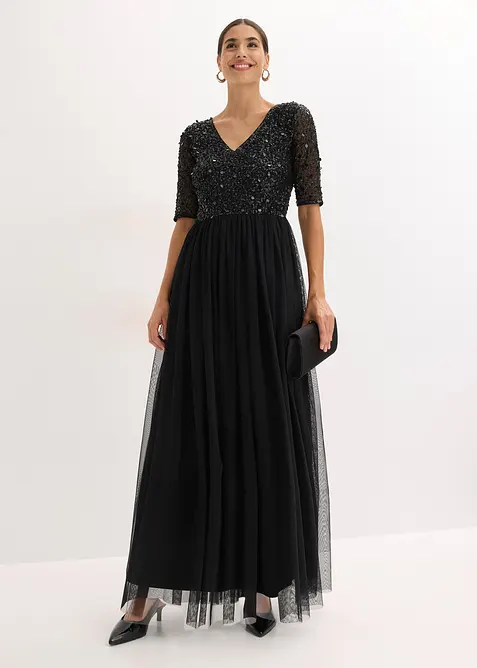 Robe de soir&eacute;e en tulle avec haut brod&eacute; de sequins, bonprix