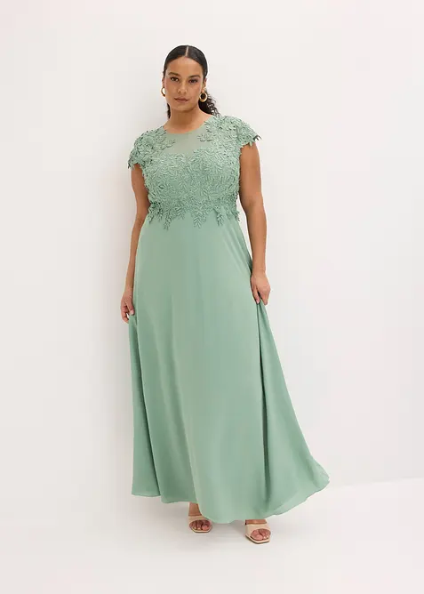 Robe midi en tulle d&eacute;licat avec dentelle, bonprix