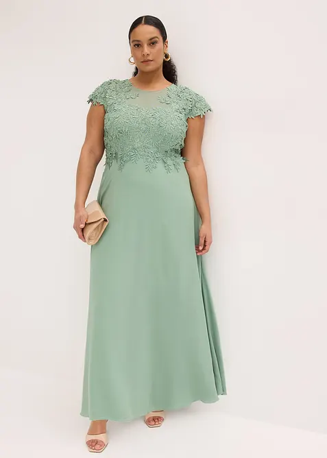Robe midi en tulle d&eacute;licat avec dentelle, bonprix