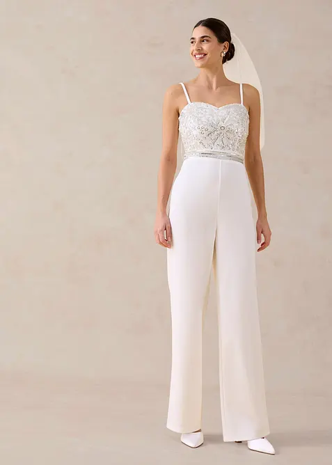 Combinaison en cr&ecirc;pe textur&eacute; avec perles brod&eacute;es, bonprix