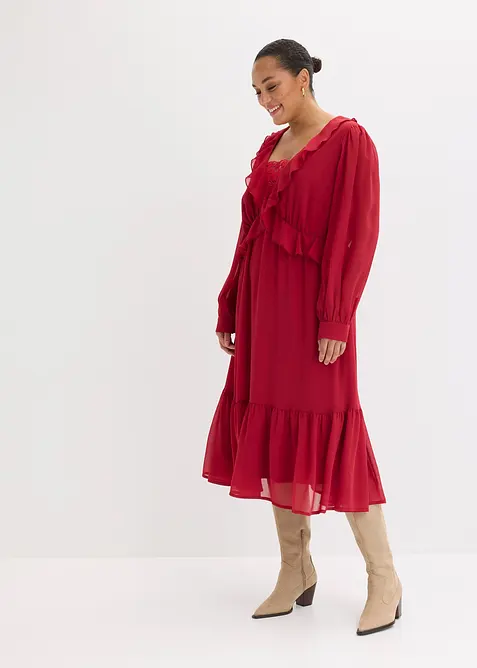 Robe en mousseline &agrave; dentelle et volants, bonprix