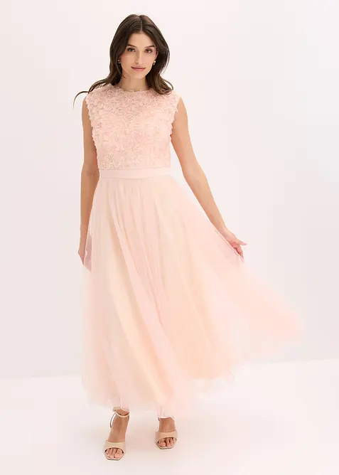 Robe de soir&eacute;e en tulle d&eacute;licat avec d&eacute;tails fleurs, bonprix
