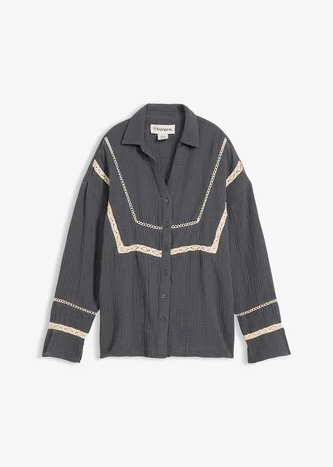 Blouse en gaze de coton avec empi&egrave;cements de dentelle, bonprix