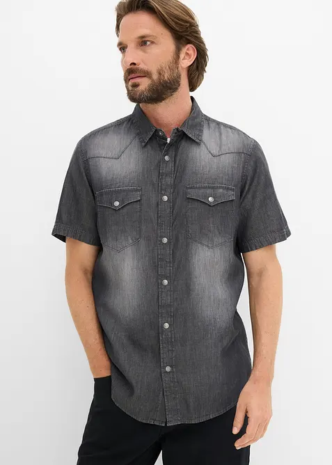 Chemise manches courtes slim en jean, 100% coton, bonprix