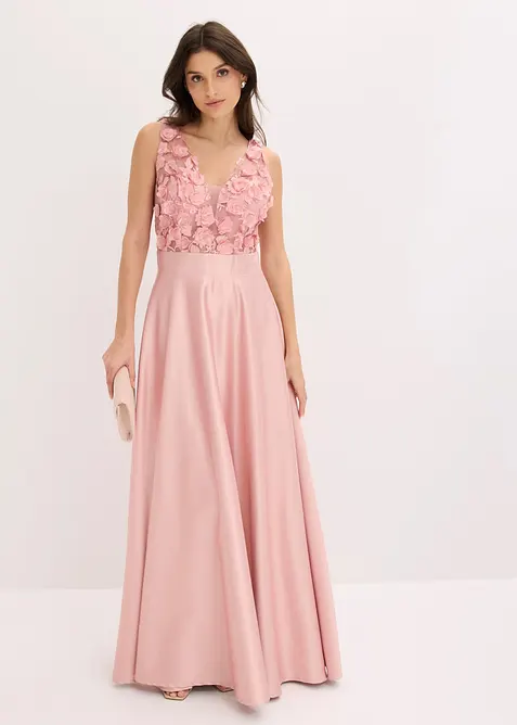 Abendkleid aus gl&auml;nzendem Satin mit Blumen-Applikation, bonprix