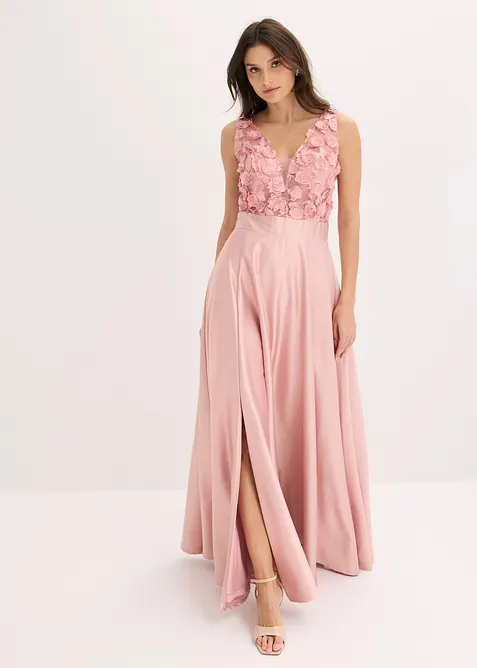 Abendkleid aus gl&auml;nzendem Satin mit Blumen-Applikation, bonprix